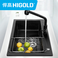 悍高石英石水槽手工单槽洗菜盆加厚黑色厨房洗碗池套餐带沥水篮