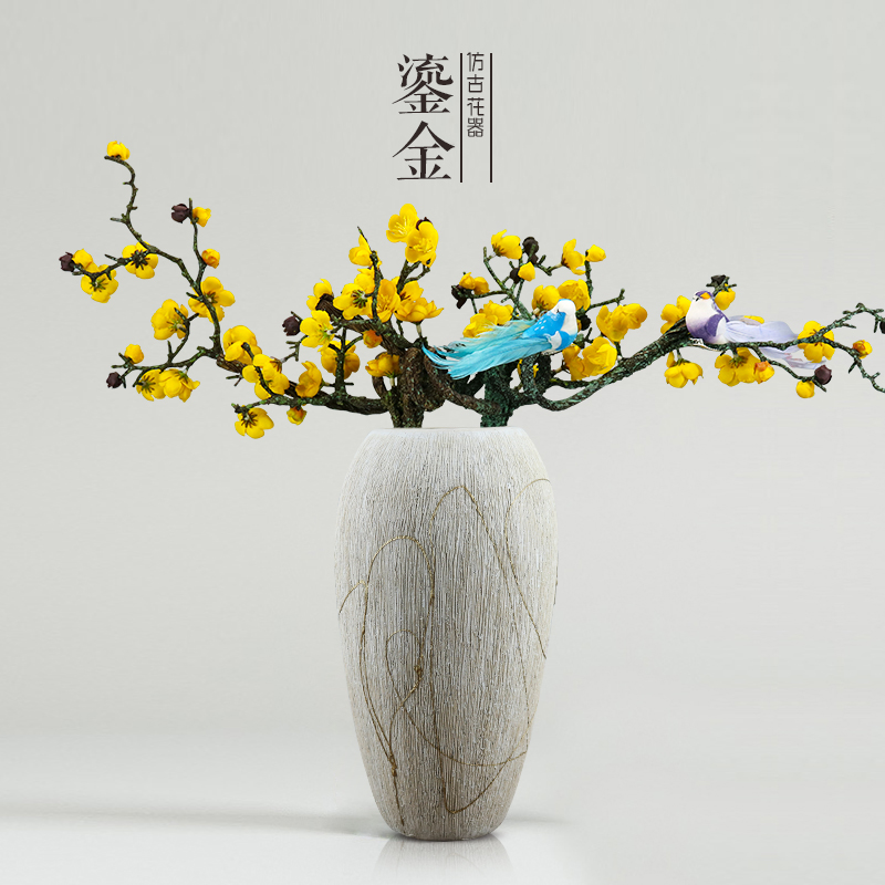 景德镇中式鎏金花瓶摆件富贵平安陶瓷大圆口插花客厅赠装饰鸟2只 三维工匠 黄色傲梅仿真配花一支高清大图