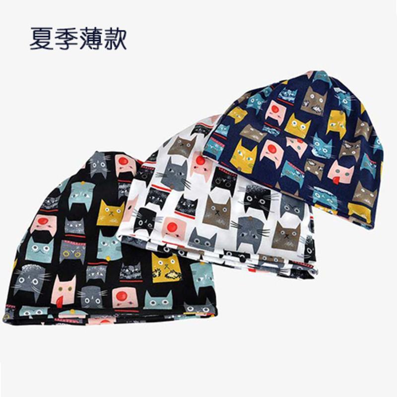 春夏棉质防风套头帽儿童堆堆帽 可爱猫猫图案头巾帽子围脖两用 黑色(加绒) 成人款,适合55到60厘米的头围