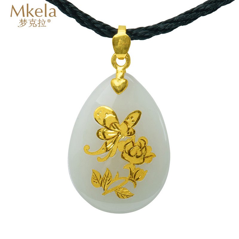 梦克拉和田玉花件金镶玉足金和田玉玫瑰花吊坠蝶恋花金镶玉吊坠女水滴