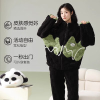 浪莎女士睡衣女秋冬珊瑚绒加绒加厚家居服女卡通拼色可外穿保暖肤 黑拼绿熊猫 M