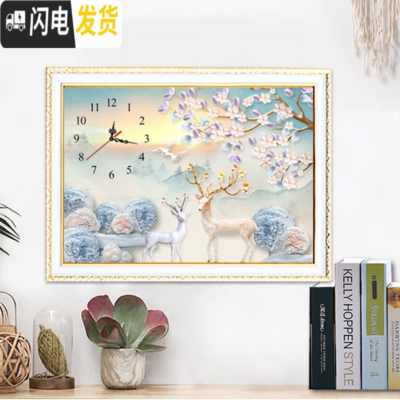 三维工匠十字绣2019钟表客厅新款发财麋鹿线绣现代简约小幅简单绣 [十字绣]品质丝线100*70cm[中格3股]+工具包高清大图