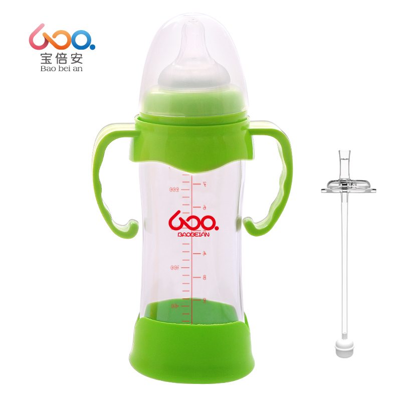 宝倍安(Bao bei an)宽口径 耐热玻璃防胀气奶瓶 绿色240ml 十字奶嘴 建议3个月+宝宝使用 赠直饮吸嘴