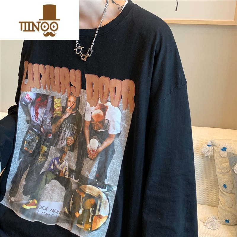 YANXU美式高街t恤男长袖潮牌hiphop衣服ins潮流打底衫宽松秋季卫衣
