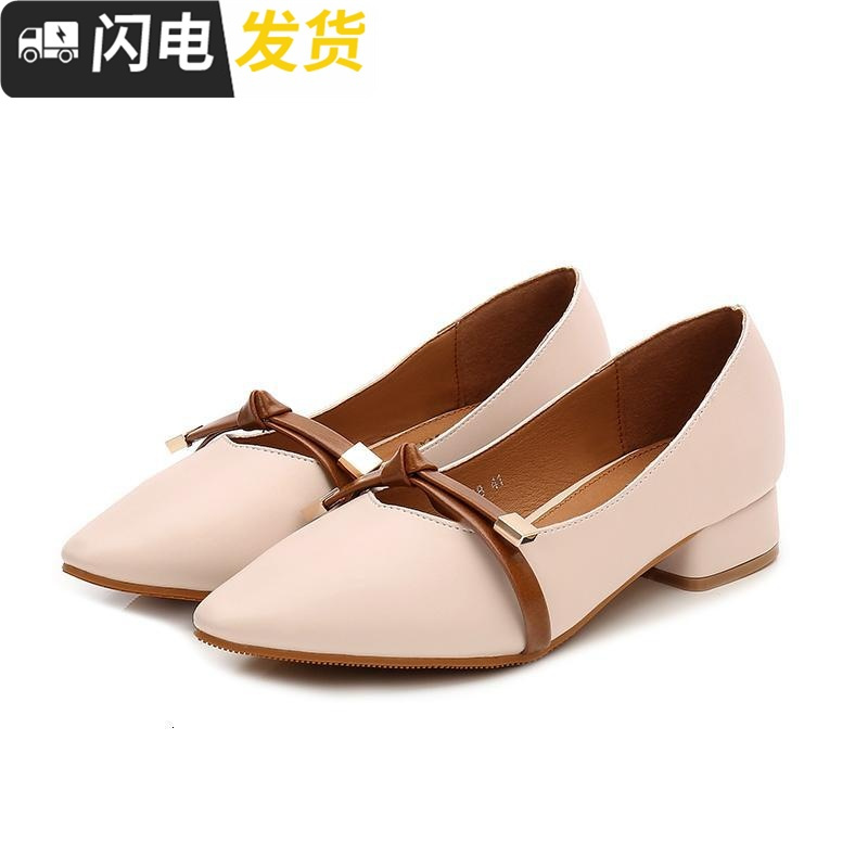 工作鞋女黑色尖头中跟皮鞋女单鞋粗跟酒店上班鞋职业工鞋平底女鞋启如