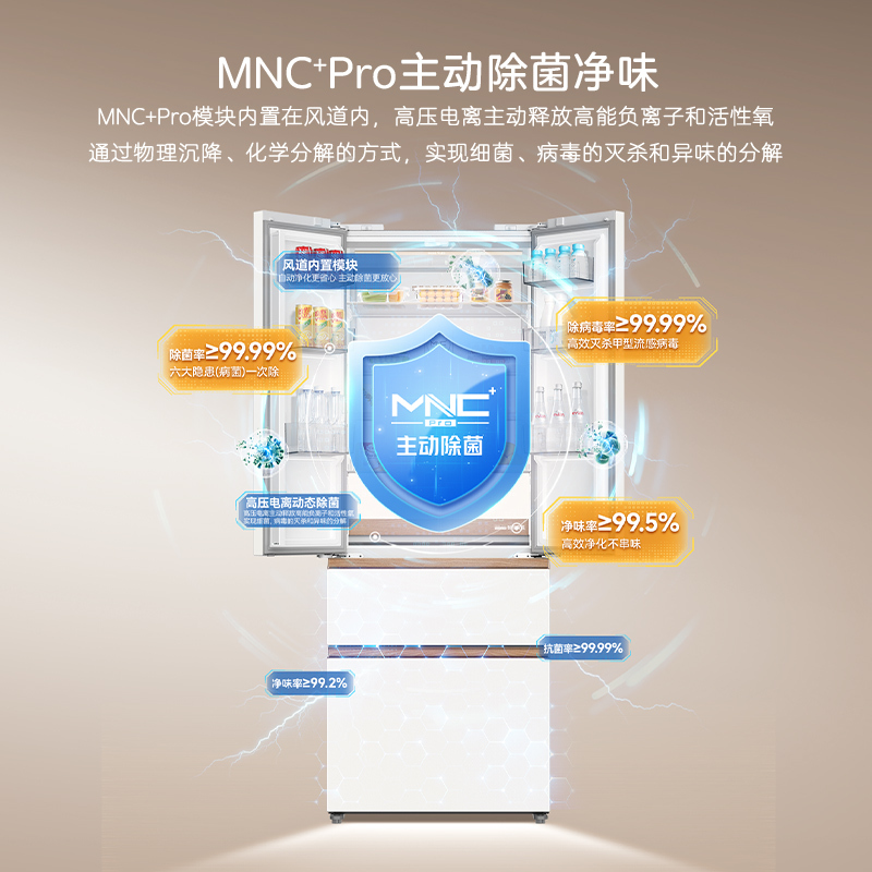 美菱[小确杏]冰箱502升法式多门四门双系统双循环家用超薄极窄零嵌入一级风冷无霜大容量补贴电冰箱502WFPU9CZX高清大图