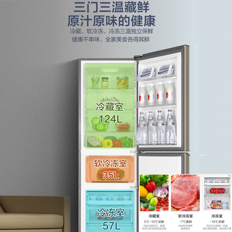 海尔(Haier) 216升炫金家用三门电冰箱 三温区 中门软冷冻 低音节能 低温补偿 直冷小冰箱BCD-216STPT高清大图
