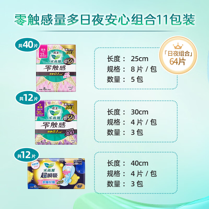 乐而雅花王特薄量多日夜安心卫生巾组合11包装64片姨妈巾全周期2月量高清大图