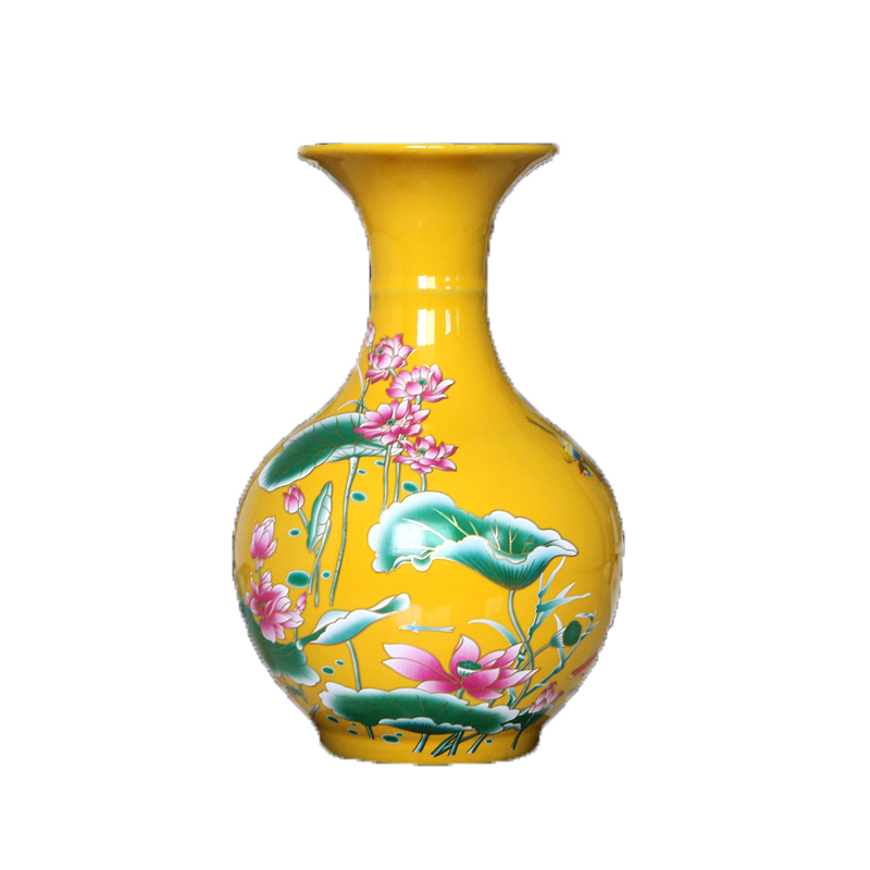 景德镇陶瓷器花瓶摆件多彩荷花鸟语花香花瓶装饰工艺摆设家居饰品 三维工匠 黑色冬瓜+底座