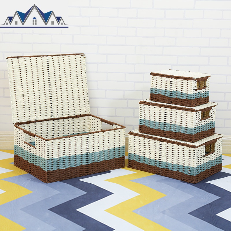 收纳筐藤编有盖桌面储物盒家居衣物玩具零食收纳框编织篮子 三维工匠收纳篮高清大图