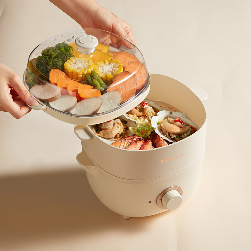 小熊 煮蛋器电蒸锅多功能锅家用电煮锅4L多用途锅双层蒸笼DZG-D40E1米黄色