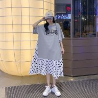 胖mm特大码2-300斤夏季女宽松显瘦短袖T恤拼接连衣裙超仙A字裙子 灰色[优质版]701# L 80-120斤