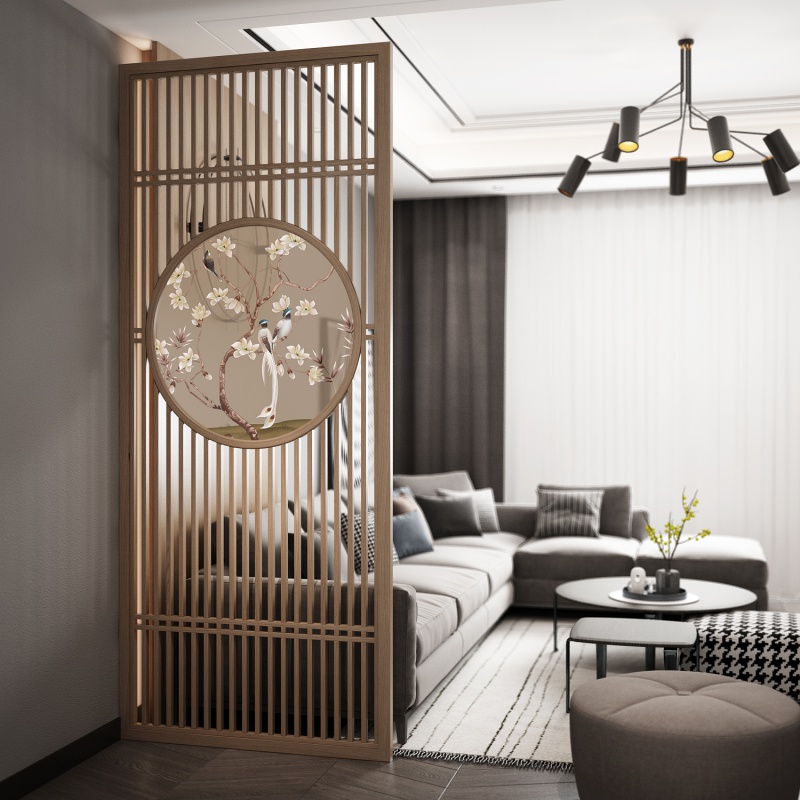新中式屏风隔断客厅布艺玄关办公简约现代实木顶天立地座屏入户 胡桃木全镂空120*240cm 整装高清大图