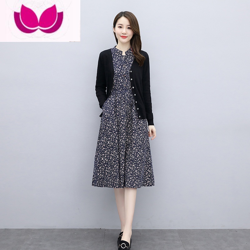 七斓2023套装长袖今年流行碎花裙中老年女装套妈妈棉麻连衣裙 藏青色+外套 XL105-115斤
