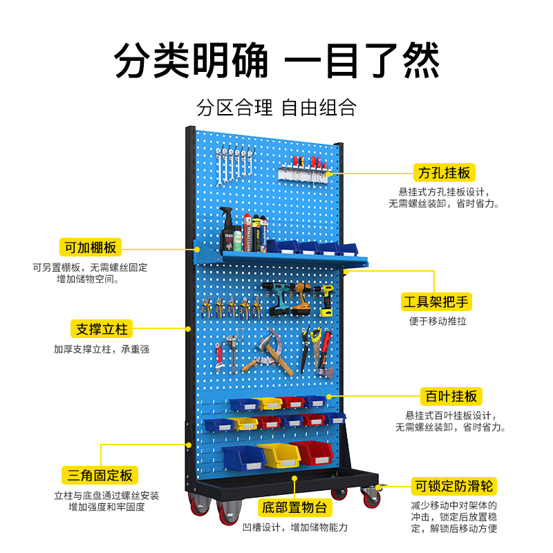 尔迈 挂钩方孔工具挂架车间维修工具架子多功能物料置物架五金工具展示货架 单面四层移动款高清大图
