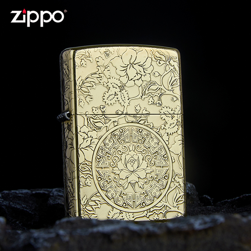 ZIPPO煤油打火机精雕富贵牡丹火机个性创意纯铜复古煤油防风国潮