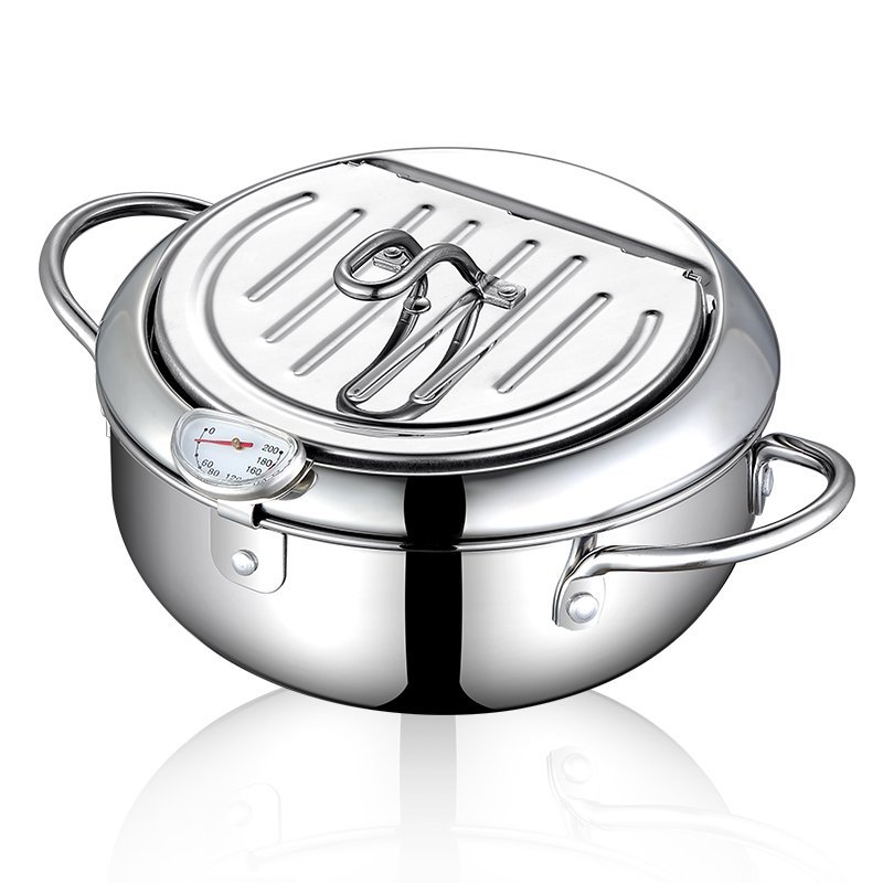 月光银20cm翻盖油炸锅炸锅家用小炸锅省油迷你不锈钢控温电磁炉燃气