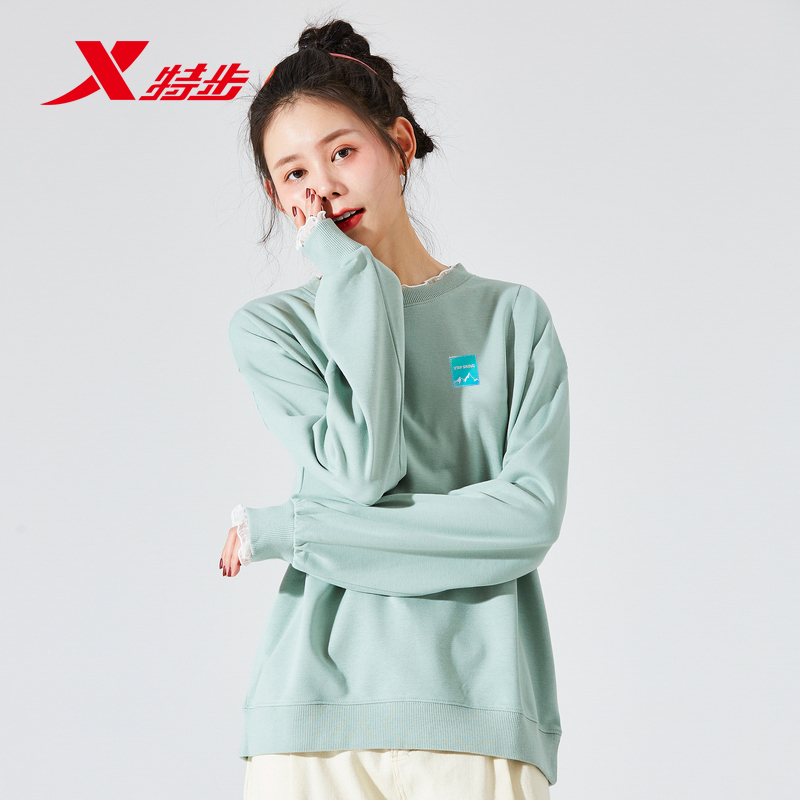 特步卫衣女2022秋冬季新款圆领加绒情侣卫衣休闲运动加厚男士上衣运动卫衣