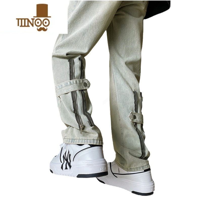 YANXU高街美式vibe拉链牛仔裤男款宽松休闲复古痞帅设计感直筒长裤子拉高清大图