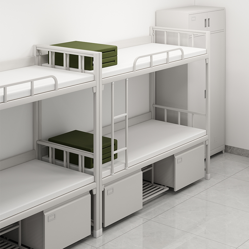 富路达钢制双层床士兵上下铺军营宿舍铁架床班用内务双人床带鞋柜高清大图