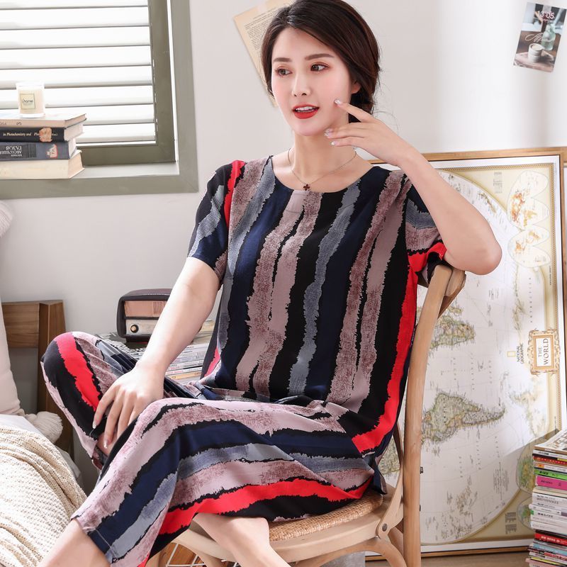 夏季中老年人短袖棉绸睡衣套装加大码女士棉妈妈装绵绸家居服衫伊格