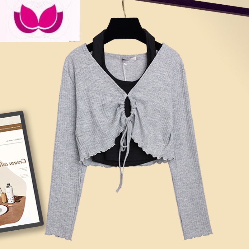 七斓早春季盐系穿搭套装网红洋气不规则抽绳上衣百褶裙短裙套女生 灰色上衣 L