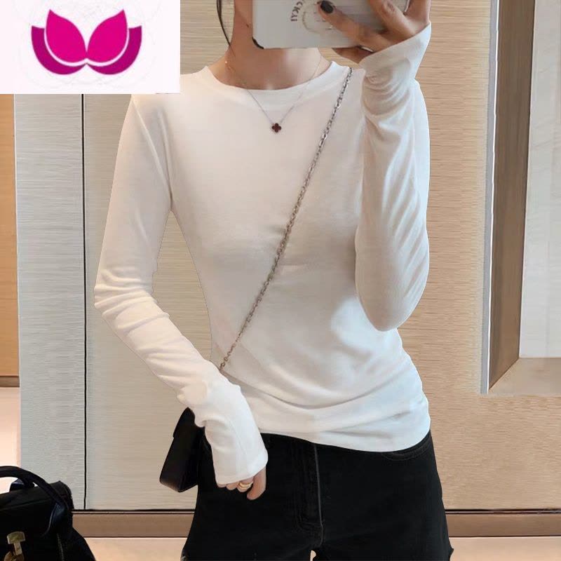 七斓早春白色长袖t恤女2023年新款漂亮纯色圆领上衣欧货修身打底衫ins图片