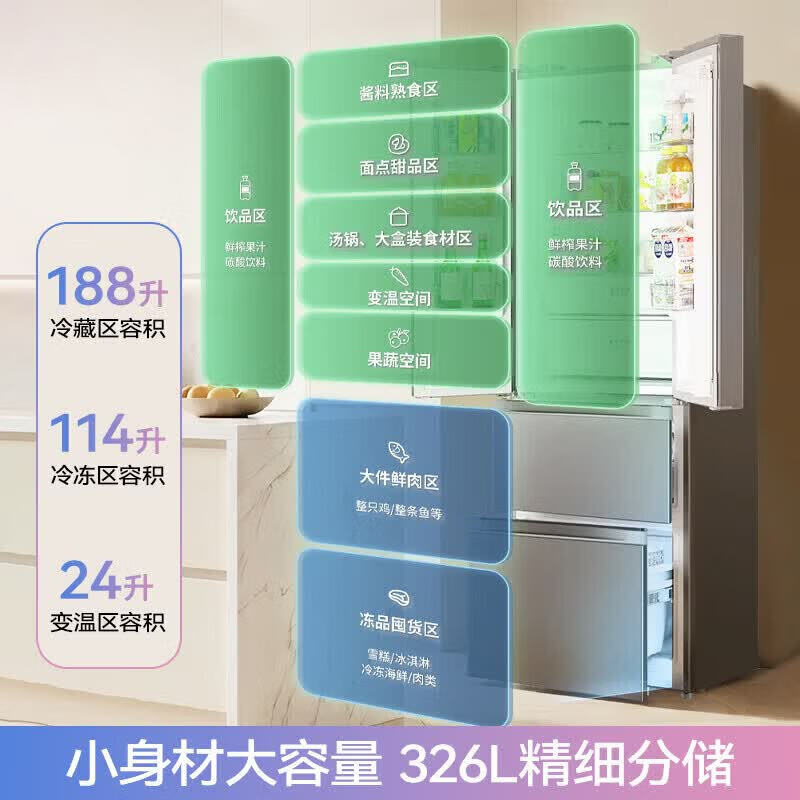 华凌冰箱美的出品342法式多门 60cm超薄零嵌新双变频净味风冷无霜电箱326升新国标真一级HR-342WFPA高清大图