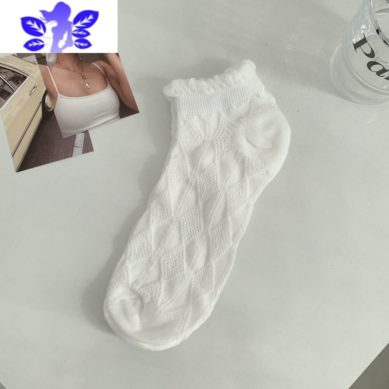 Ideamini樊樊 白色短袜女夏季薄款透气船袜JK日系泡泡口花边袜子女ins袜子