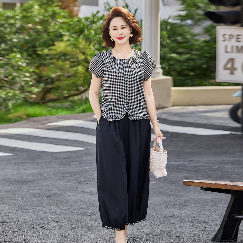 纤孜雅 妈妈夏装格子短袖衬衫阔腿裤两件套中老年时尚减龄套装女新款高清大图