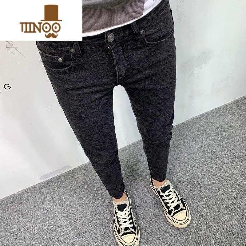 YANXU黑色牛仔长裤男潮牌2023夏季新款韩版休闲弹力修身小脚潮流九分裤图片