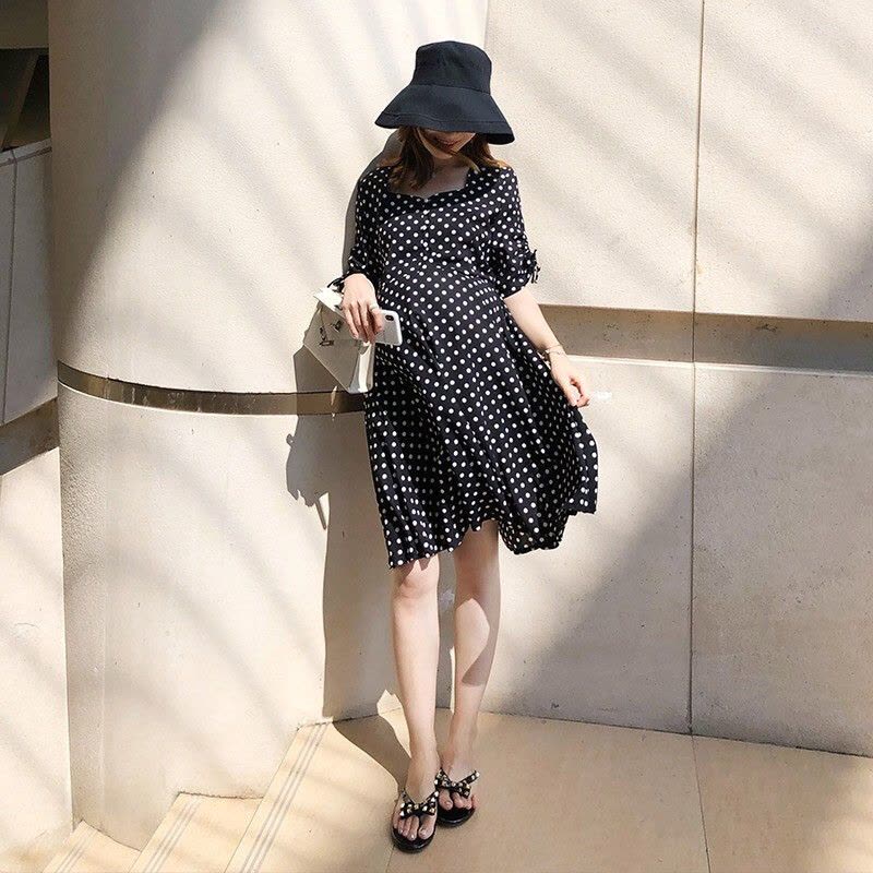 迪鲁奥(DILUAO)孕妇装夏装外出2021新款黑白风孕妇连衣裙中长款时尚潮妈孕妇裙子夏季宽松透气 黑色图片