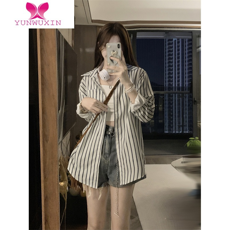 YUNWUXIN法式条纹衬衫女秋装薄款休闲衬衣罩衫外套设计感小众长袖上衣