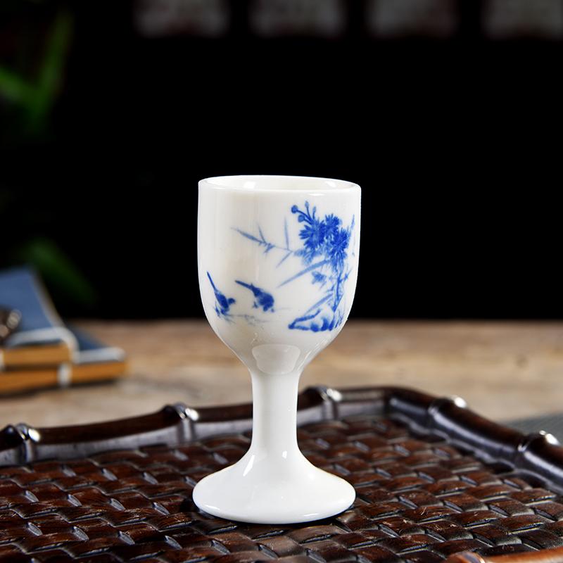 竹雀高脚杯 陶瓷白酒杯家用烈酒杯高脚杯酒小酒盅创意一口杯酒具仿古
