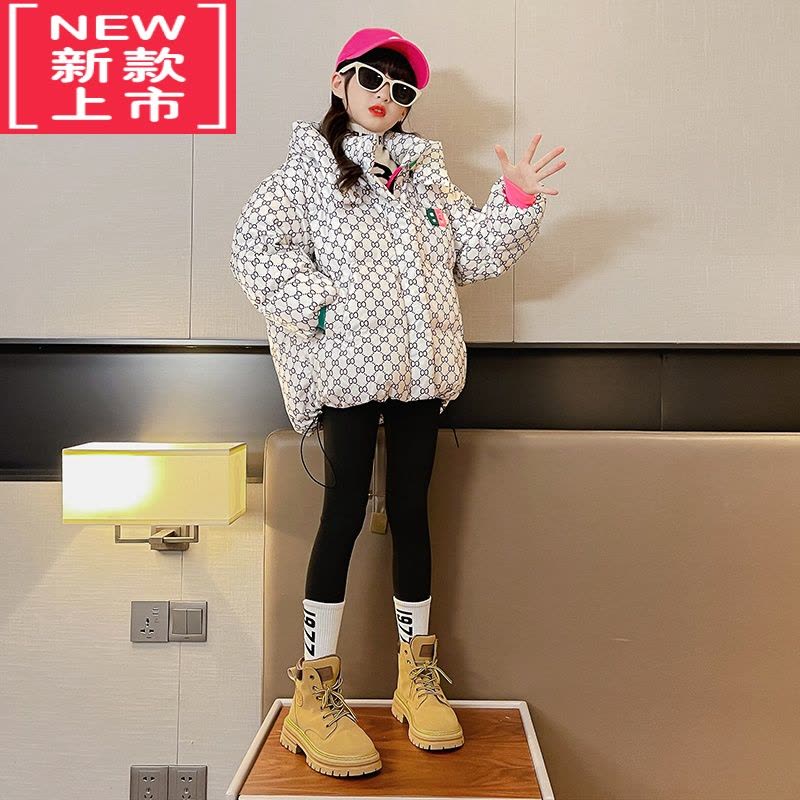 可莉允女童羽绒服2022新款轻薄冬装儿童时髦洋气短款棉服千鸟格免洗外套图片