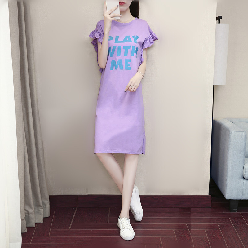 欧洲站2018夏季新款宽松字母印花花瓣袖中长款T恤女开叉连衣裙