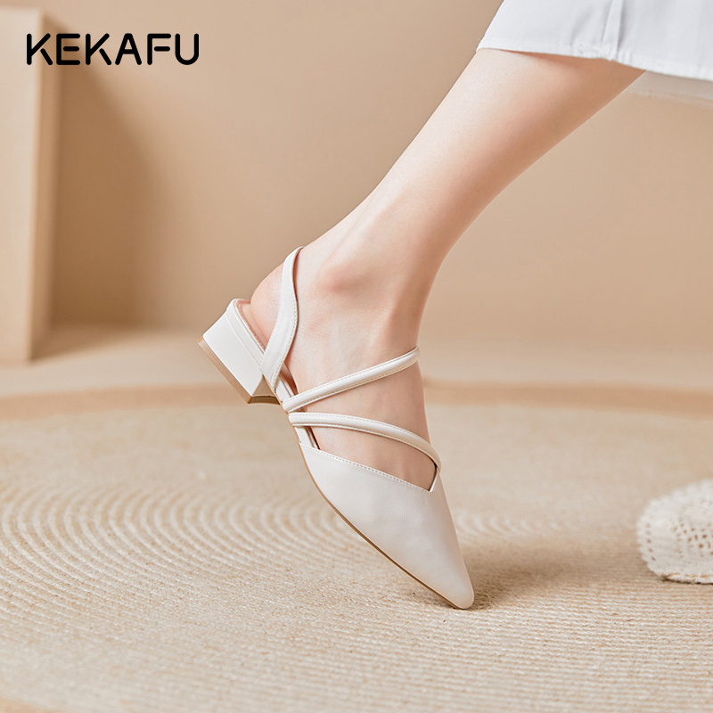 珂卡芙低跟包头凉鞋女2023夏季新款仙女晚晚风尖头单鞋女复古凉鞋