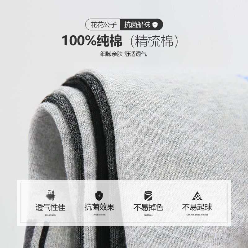 花花公子袜子男士短袜纯棉新款吸汗船袜全棉夏季薄款透气夏天袜短高清大图