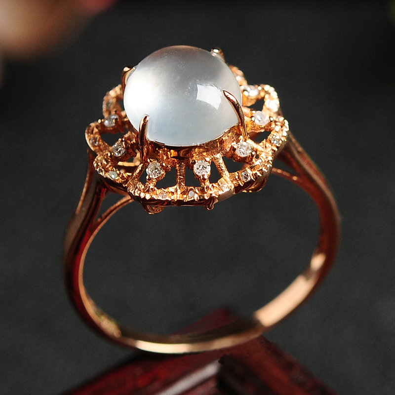 18k镶嵌翡翠戒指蛋面玉石指环女款圆形戒面饰品带证书送女朋友七夕