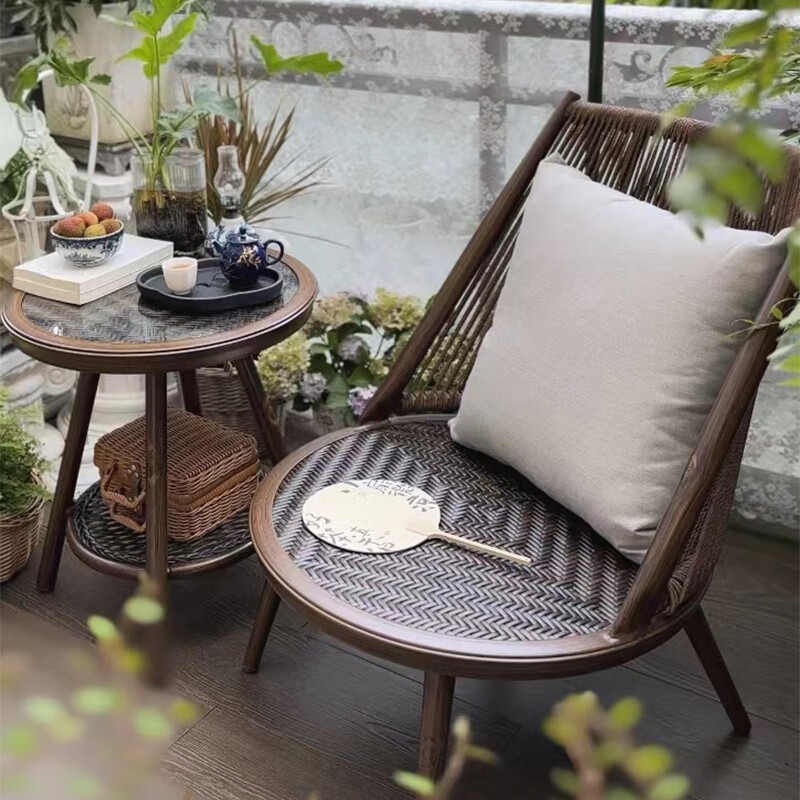 紫叶阳台休闲桌椅组合藤椅单人休闲沙发茶几三件套简约北欧茶桌椅 1编藤椅+1编藤茶几【胡桃色】