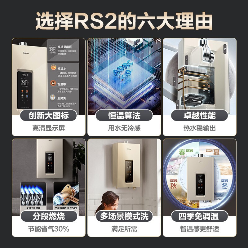 美的燃气热水器燃气天然气家用洗澡即热式 水气双调超大屏幕一键定制水温RS2系列 JSQ30-RS2 天然气