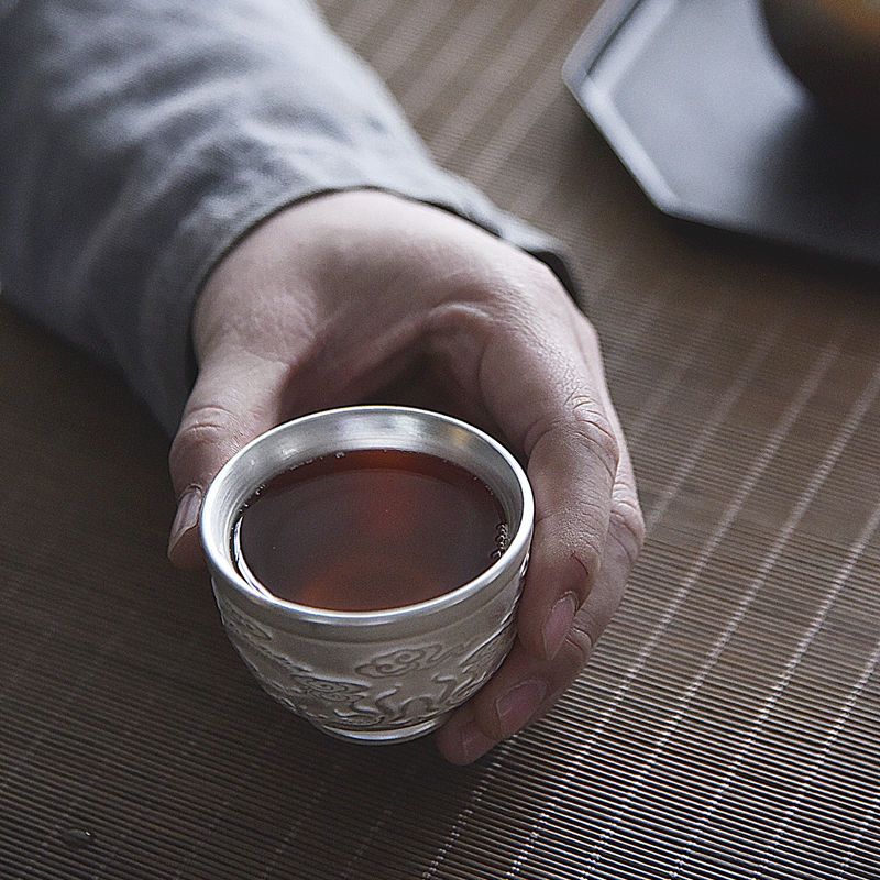 银杯子 999纯银功夫茶杯 陶瓷手工鎏银品茗杯主人杯