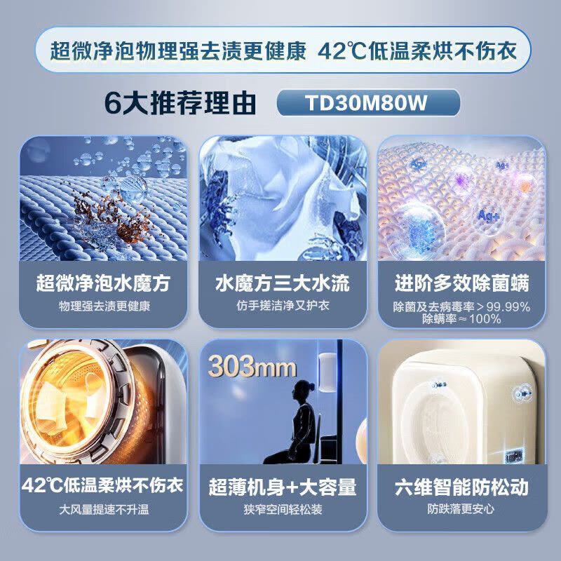 小天鹅3KG内衣洗衣机全自动家用 婴儿洗衣机小型壁挂洗衣机 烘干洗烘一体 超微净泡水魔方TD30M80W图片