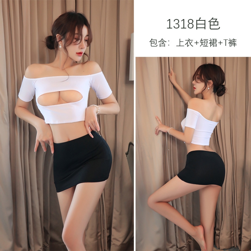 长夜漫漫情趣内衣女免脱紧身秘书制服性感尤物开胸包臀夜店装1318 白色 均码(80-125斤)