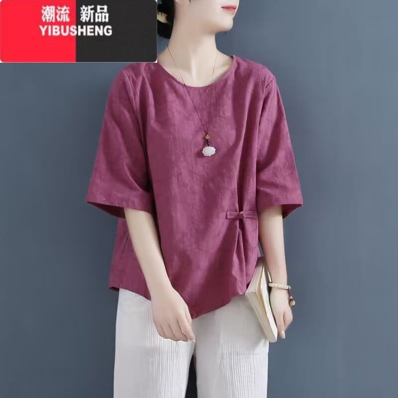 YIBUSHENG提花棉麻上衣女短袖t恤款盘扣文艺复古宽松显瘦不规则衣服图片