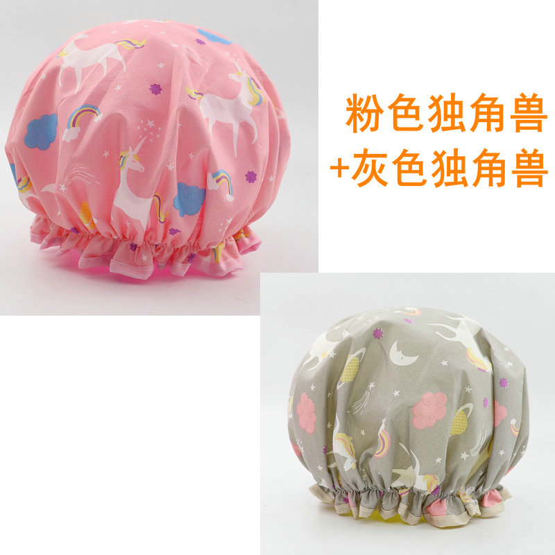 双层防水浴帽女士洗澡成人沐浴帽卡通儿童学生洗头帽厨房防油烟帽 三维工匠 粉色斑马+送蓝色火烈鸟
