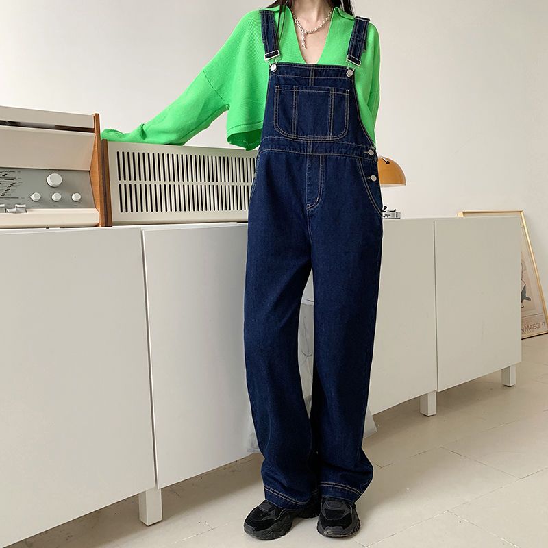 斯尔丽牛仔阔腿背带裤秋夏季韩版高腰宽松减龄拖地牛仔背带裤女