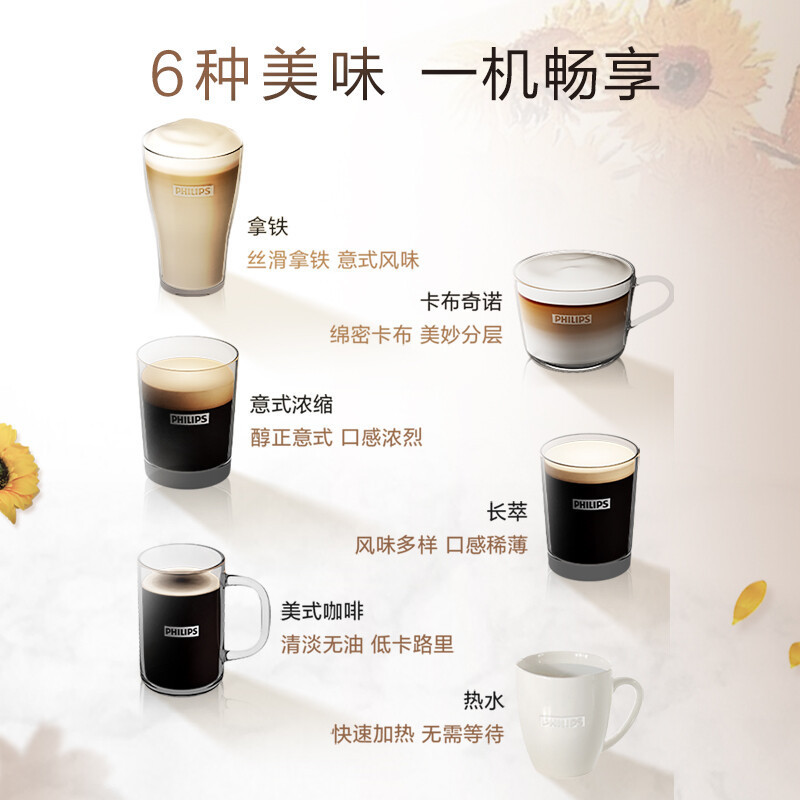 飞利浦(PHILIPS)咖啡机 家用意式 全自动现磨咖啡机 Lattego奶泡系统EP3146/72 5 种咖啡口味