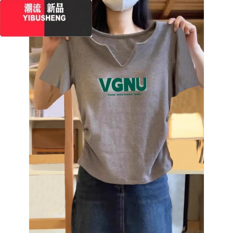 YIBUSHENG正肩独特v领短袖t恤女季设计感韩系掐腰褶皱减龄百搭上衣潮高清大图