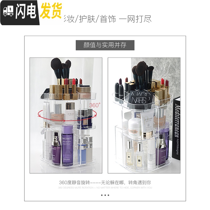 三维工匠旋转化妆品收纳盒透明亚克力梳妆台口红护肤品桌面置物架美妆整理高清大图